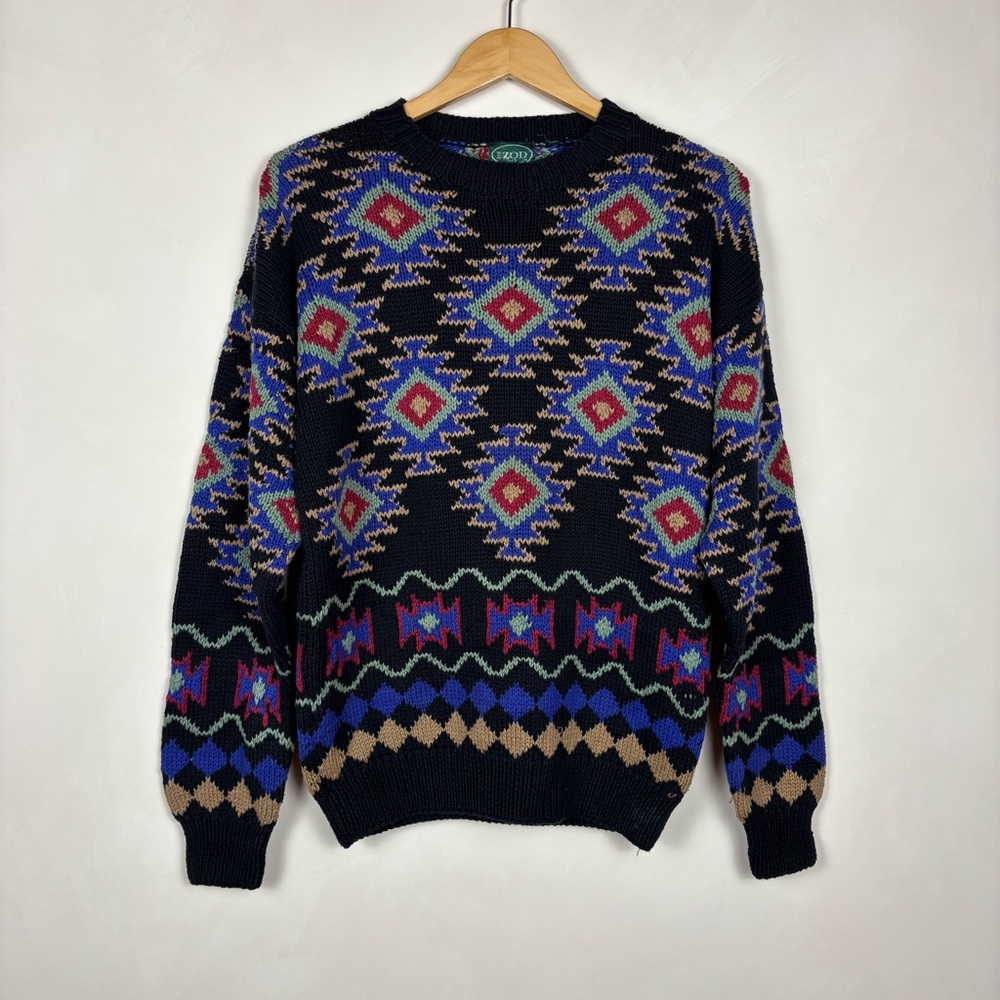 VTG Men's Izod Heavyweight Knit Cotton Sweater Black Aztec Print M Grandpacore